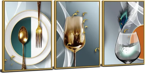 Vista 17 de AIYISU 3 piezas de arte de pared de cocina con copas de vino para decoración de pared del comedor Cuadros de copas de vino en teja, gris y oro