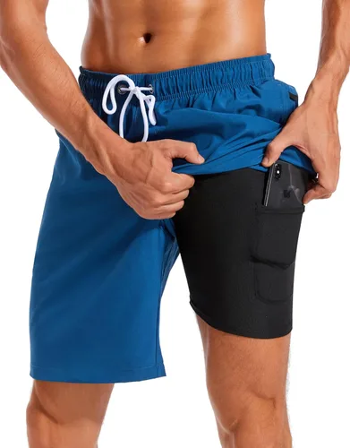 Vista 33 de Difficort - Traje de baño para hombre con forro de compresión, pantalones cortos de secado rápido con bolsillos con cremallera 1-a/ Rayas negras