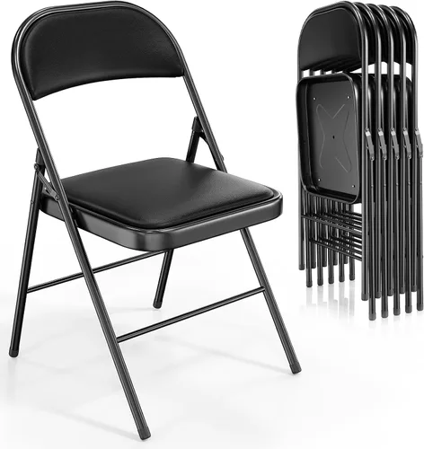 Vista 14 de VINGLI Paquete de 4 sillas plegables con asientos acolchados, marco de metal con asiento y respaldo de piel sintética, capacidad de 350 libras, Negro