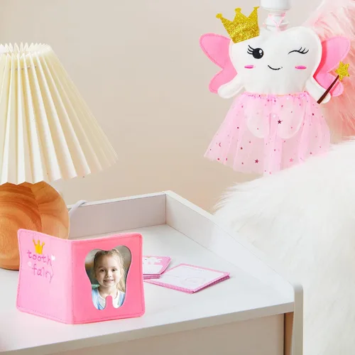 Vista 6 de Breling Kit de almohada de hadas de dientes para niñas, regalo de dientes rosados, lindo soporte para dientes almohada de hadas de dientes