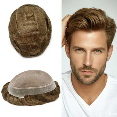 Vista 54 de Toupee para hombres Piezas de pelo fino mono para hombre Toupee sistema de reemplazo de pelo para hombres línea capilar natural para hombre postizo