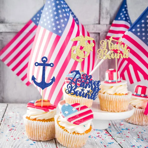 Vista 7 de 24 piezas de decoración para cupcakes con temática militar con purpurina para botas de campamento, decoración de cupcakes con temática azul marino