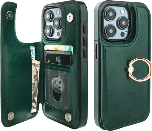 Vista 15 de ONETOP - Funda tipo cartera para iPhone 15 Pro con soporte para tarjetas, anillo de rotación de 360°, bloqueo RFID, piel sintética, doble cierre