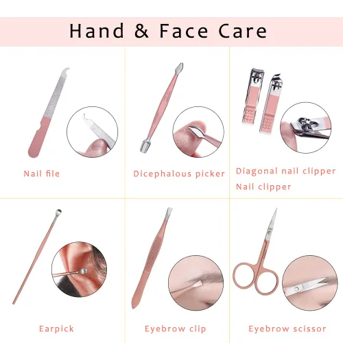 Vista 3 de Juego de manicura rosa herramienta de belleza portátil – cortaúñas pedicura kit de aseo de acero inoxidable 7 en 1 estuche de viaje de cuero