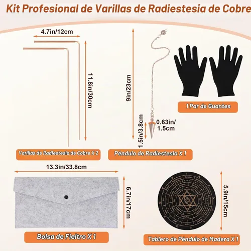 Vista 2 de Kit de varillas de dowsing de cobre 99.9%, herramientas de exploración espiritual de Anglecai. 2 varillas de adivinación + péndulo de dowsing +