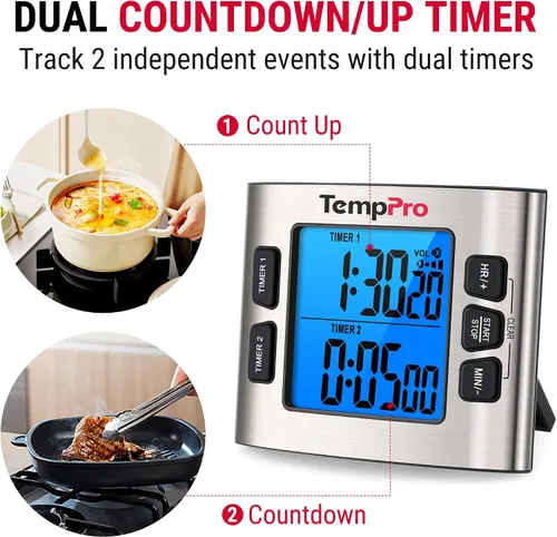 Vista 2 de ThermoPro TM02 - Temporizador digital de 24 horas con temporizadores de cocina duales para cocinar, cronómetros, reloj magnético con volumen