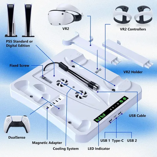 Vista 2 de Soporte de estación de refrigeración compatible con PS5, PSVR2 Sense Controller Charging, soporte de auriculares para gafas PS VR2, para consola