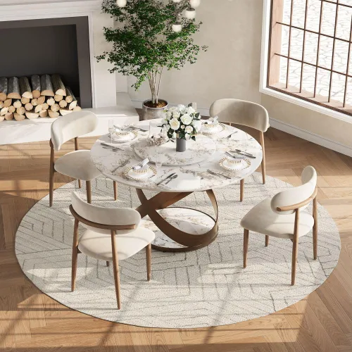 Vista 24 de POVISON Juego de 4 sillas de comedor redondas de lino y algodón con mesa de comedor de vidrio (mesa de comedor de 51 pulgadas + 4 sillas)