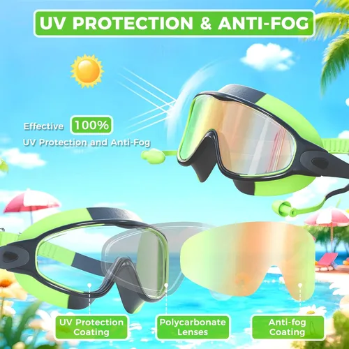 Vista 3 de Paquete de 3 gafas de natación para niños, con tapones para los oídos, marco grande, antivaho, UV, visión amplia, para niños y niñas de 4 a 12 años