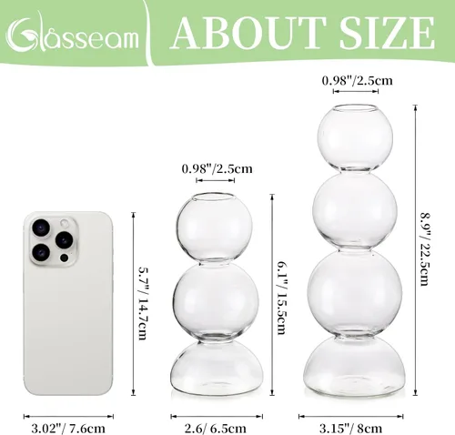 Vista 5 de Glasseam Juego de 2 jarrones de flores únicos, bonitos jarrones pequeños de vidrio para flores, jarrones transparentes modernos para decoración