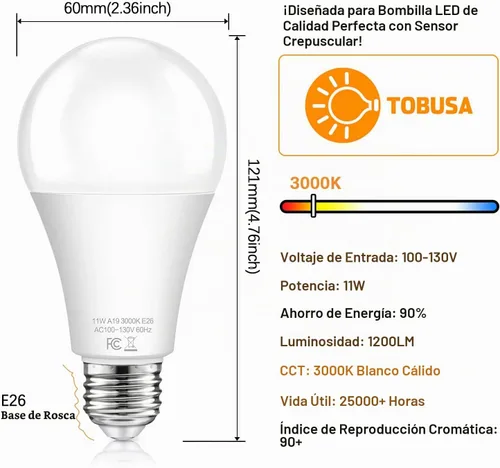 Vista 6 de Bombillas con sensor A19 de anochecer a amanecer para exteriores equivalentes a 100 W, bombillas LED de encendido/apagado automático de 11 W, blanco