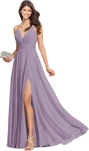 Vista 5 de MSJME Vestidos de dama de honor con cuello en V y tirantes delgados para mujer vestidos formales largos de gasa con abertura L001