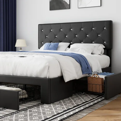 Vista 13 de VECELO Base de cama tamaño individual con plataforma tapizada con cabecera ajustable de botones de diamante, soporte de listones de madera,