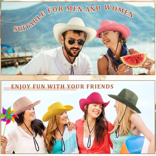 Vista 4 de Suhine 15 sombreros de vaquero de paja para hombres y mujeres, coloridos sombreros de fiesta occidental a granel, protección solar a granel, vaquera