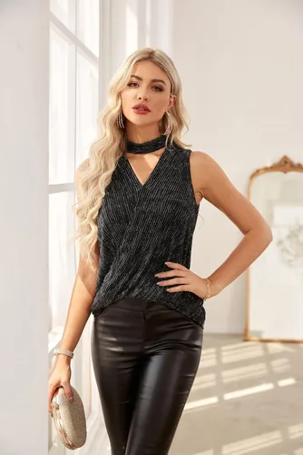 Vista 7 de GRACE KARIN Camisetas sin mangas con lentejuelas brillantes para mujer, cuello en V, adelgazante, con purpurina, camisetas de fiesta de discoteca