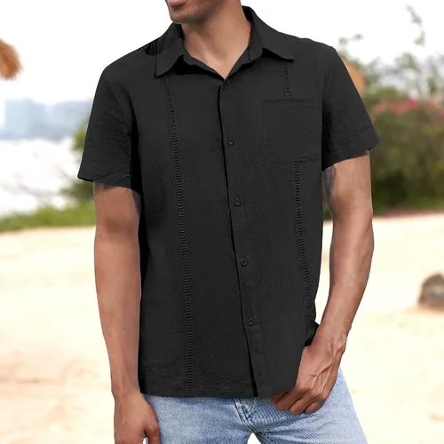 Vista 5 de Ranberone Men's Short Sleeve Cuban Guayabera Shirt Casual Button Down Cotton Linen Beach Summer Shirt