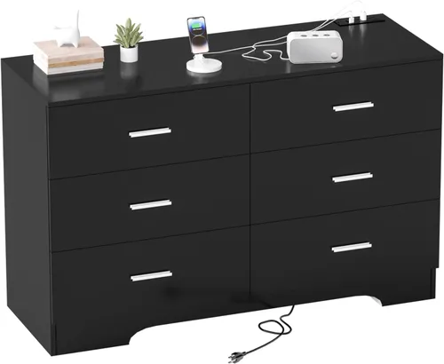 Vista 13 de GEPELCN Cómoda para dormitorio con tomas de corriente, cómoda de madera con 5 cajones con gran espacio de almacenamiento, cómoda negra con riel
