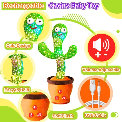Vista 8 de Juguetes recargables para bebés, juguete de cactus que habla y baila para bebé, volumen ajustable, canto, imitación, repetición, juguetes infantiles