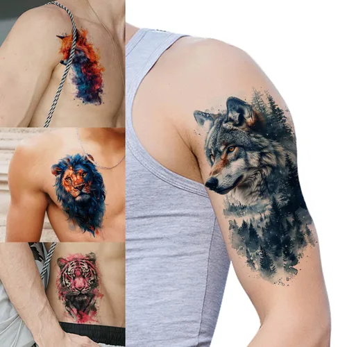 Vista 2 de GLARYYEARS - Tatuajes temporales para hombre, diseños realistas de animales en 3D 24 large waterproof fake tattoos. Painless 15-sec application