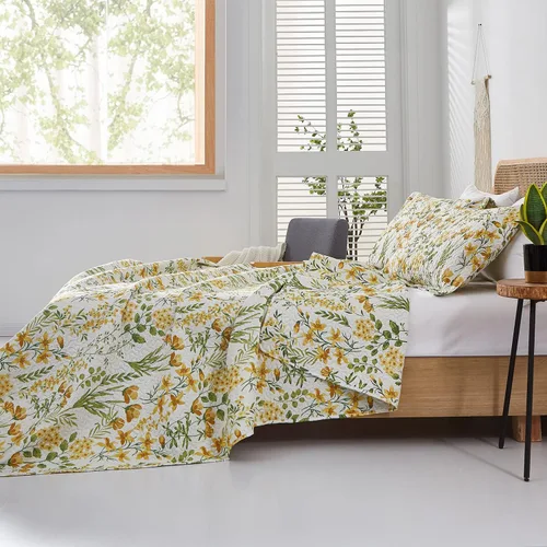 Vista 3 de Ycosy Juegos de Edredón Floral Tamaño Twin Reversible Colchas Cubrecamas de Campo Ligeras Edredón de Flores Amarillas Ropa de Cama Hojas Verdes
