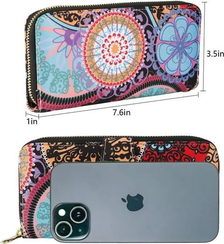 Vista 3 de Cartera de mano para mujer, estilo bohemio, con RFID, elegante, espaciosa con correa para viajes, capacidad para tarjetas, teléfono, dinero