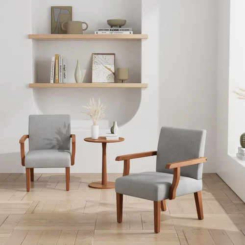 Vista 10 de Juego de 2 sillas decorativas con mesa a juego, sillas laterales tapizadas de lino de madera maciza para sala de estar, dormitorio, sala de espera