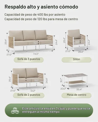 Vista 7 de Juego de muebles de aluminio para patio al aire libre con mesa de centro de doble capa, juegos de conversación de patio modernos de 4 piezas