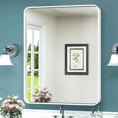 Vista 16 de TokeShimi Espejo de pared de baño de níquel cepillado de 20 x 30 pulgadas, marco de metal, esquina redonda, rectangular, para decoración del hogar