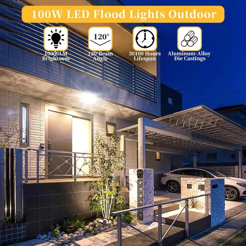 Vista 2 de Paquete de 4 luces de inundación LED de 100 W, luces de seguridad superbrillantes de 11000 LM, luz de inundación impermeable IP66 para exteriores