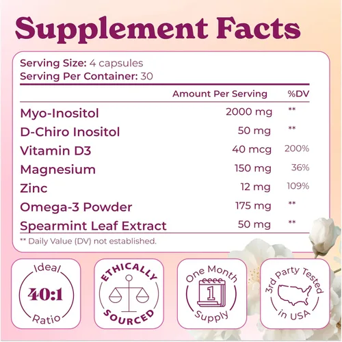 Vista 4 de Myo-inositol y D-Chiro Inositol 2000 mg por porción - Suplemento de inositol para mujeres Fórmula 40:1 con menta verde, vitamina D3, zinc y magnesio