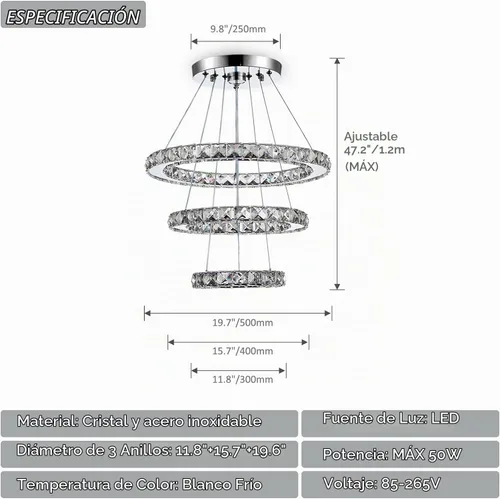 Vista 3 de CLAIRDAI Candelabros de Cristal Modernos Ajustables de Cristal de 3 Anillos Lámpara de Techo LED Candelabros LED para Comedor Dormitorio Sala
