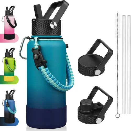 Vista 21 de BJPKPK - Botella de agua con tapa de popote, botellas de agua aisladas de 18 onzas con 3 tapas, asa de cuerda de paracaídas y base antideslizante