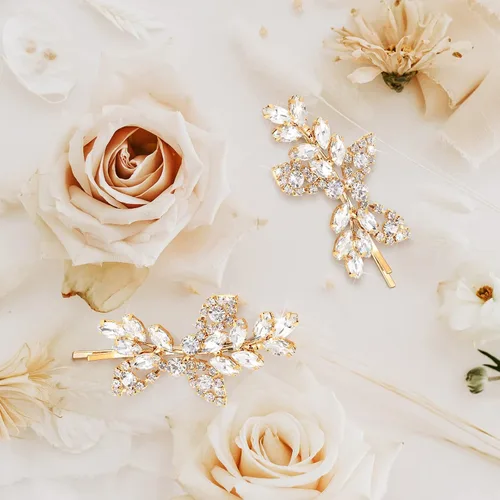 Vista 4 de Waydress 4 pinzas para el pelo con diamantes de imitación para boda, pasador de pelo de novia, diseño de hojas decorativas, accesorios de horquilla