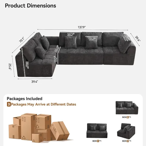 Vista 114 de Sofás seccionales modulares de 110 pulgadas para sala de estar, sofá seccional comprimido sin hueso, sofá de espuma viscoelástica tapizado de 3 Beige