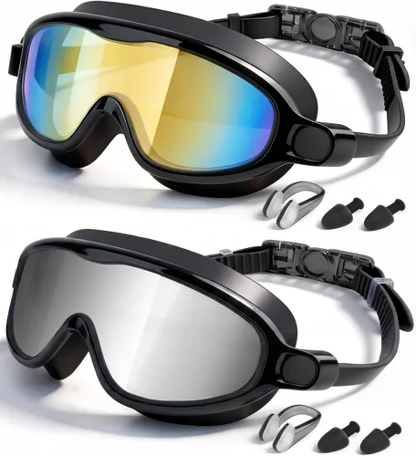 Vista 27 de Swim Goggles 2 Pack, Wide View Anti Fog&UV Swimming Goggles for Audlt, No Leak Pool Beach Essentials for Men Women Azul claro y rosa espejado