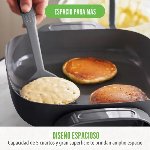 Vista 5 de GreenLife - Sartén eléctrica cuadrada de 12" 5QT, tapa de vidrio con ventilación, interior antiadherente de cerámica libre de PFAS, control