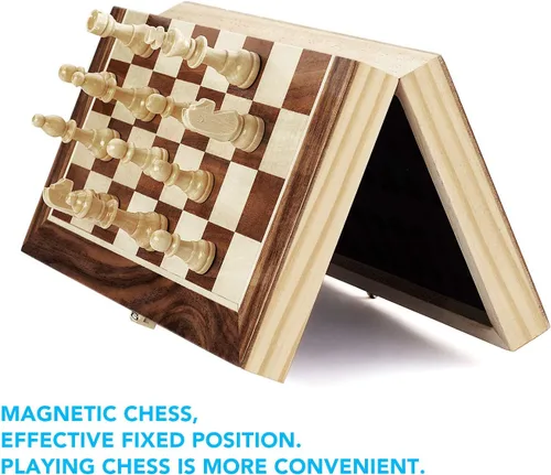 Vista 4 de Juego de ajedrez plegable de madera estándar 12x12 pulgadas, juego de mesa estándar de ajedrez internacional con piezas magnéticas hechas a mano.