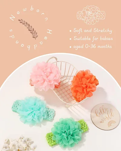 Vista 4 de 18 diademas de gasa con flores suaves y elásticas para el cabello, accesorios para el cabello + 40 lazos para el cabello con cinta de grogrén