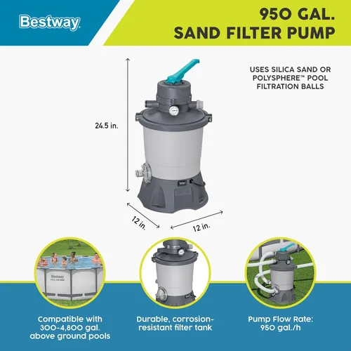 Vista 2 de Bestway Bomba de piscina con filtro de arena de 950 galones para piscinas sobre el suelo de 300 a 4,800 galones con filtro de prefiltro para agua