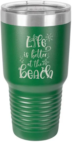 Vista 23 de La vida es mejor en la playa, vaso grabado de 76 ml con paja y tapa superior deslizante de acero inoxidable taza de viaje de acero inoxidable