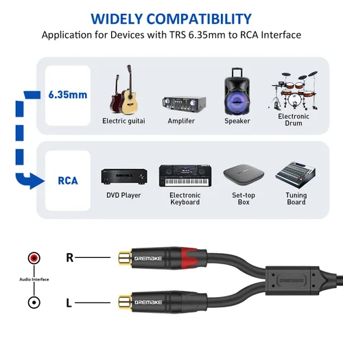 Vista 4 de Cable de conexión RCA a 0.250 in Y, 3 pies TRS 0.250 in 1/4 pulgadas a 2 RCA Plug Audio Insert Cable de 1/4 pulgadas macho a doble RCA hembra, cable