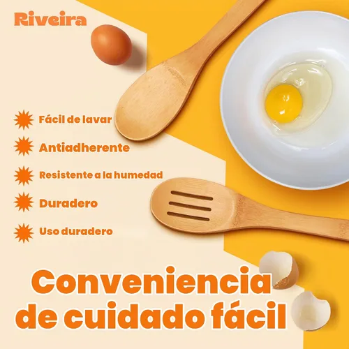 Vista 3 de Riveira Cucharas de madera de bambú para cocinar, 3 piezas, espátula de madera esencial para apartamento, cuchara antiadherente, juego de utensilios