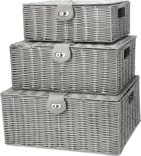 Vista 10 de Honygebia - Canastas de almacenamiento de mimbre negro - Juego de 3 cajas decorativas anidadas con tapas, canasta tejida con cerradura y asa