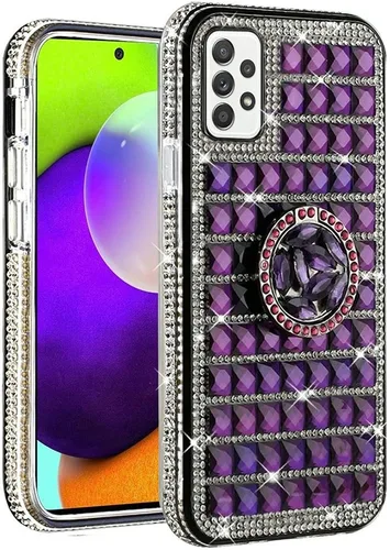 Vista 4 de Funda compatible con Samsung Galaxy A32 5G Diamond Bling con soporte de anillo de vidrio templado, cubierta protectora de grado militar, funda