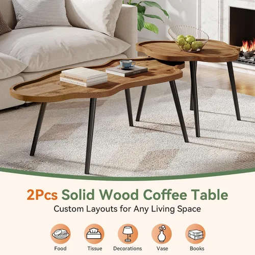 Vista 9 de Juego de 2 mesas de centro anidables, mesas de centro de madera maciza con mesa de nube, mesas decorativas apilables con pies antideslizantes