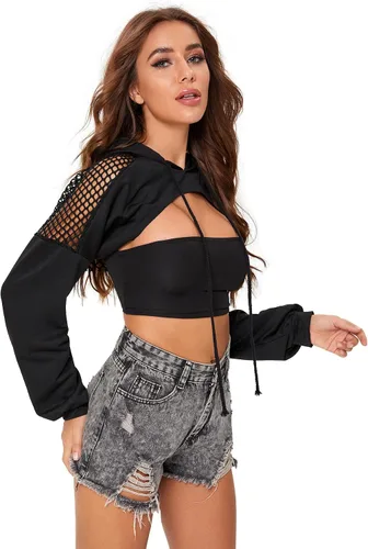 Vista 5 de Floerns Sudadera con capucha de manga larga con contraste de malla para mujer