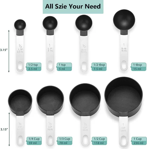 Vista 2 de Juego de 8 tazas y cucharas medidoras/tazas medidoras anidables con mango de acero inoxidable/para ingredientes secos y líquidos (gris oscuro)