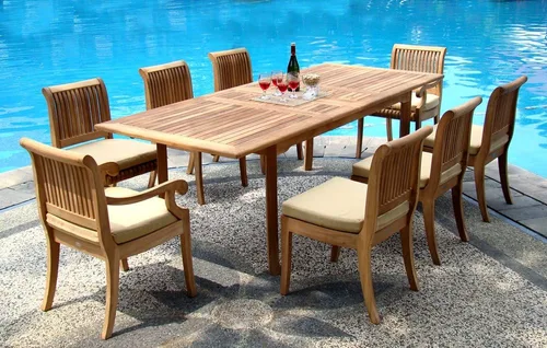 Vista 3 de Juego de comedor Grade-A de madera de teca de 8 plazas y 9 piezas: mesa rectangular de doble extensión de 94 pulgadas y 8 sillas Giva
