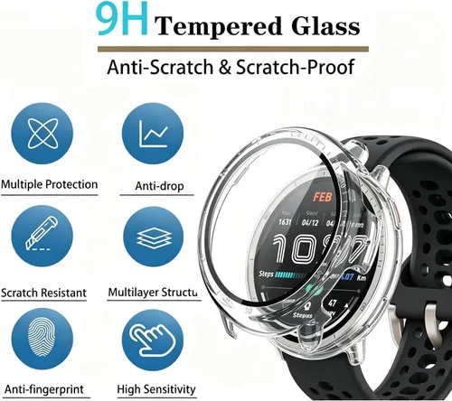 Vista 5 de Rc-Z Paquete de 2 fundas protectoras de pantalla para reloj inteligente Amazfit Active 2, parachoques de policarbonato duro, película de vidrio