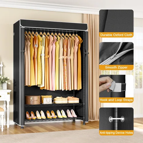 Vista 3 de ULIFHOME H5C Plus - Perchero con tapa, armario portátil para colgar ropa, percheros cubiertos de alta resistencia, percheros con estantes, carga
